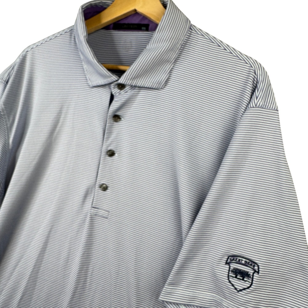 Greyson Mens XXL Purple White Striped Golf Polo Shirt Great Oaks Crest Logo